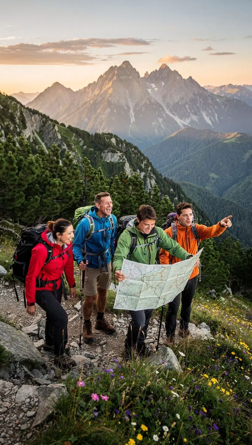 A close-up of essential travel gear laid out on a picnic blanket, including maps and water bottles.
