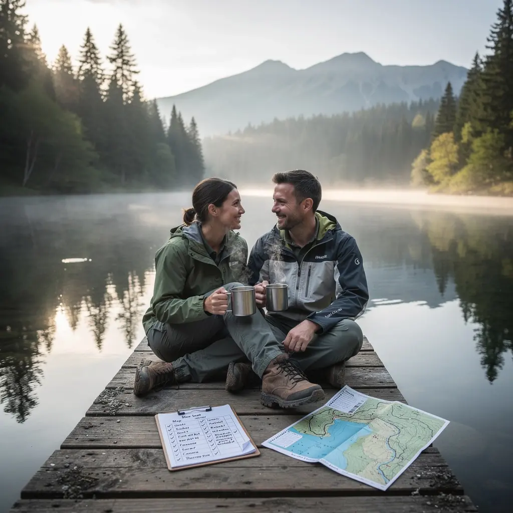 A family enjoying a day in a national park, with children playing near a flowing river.